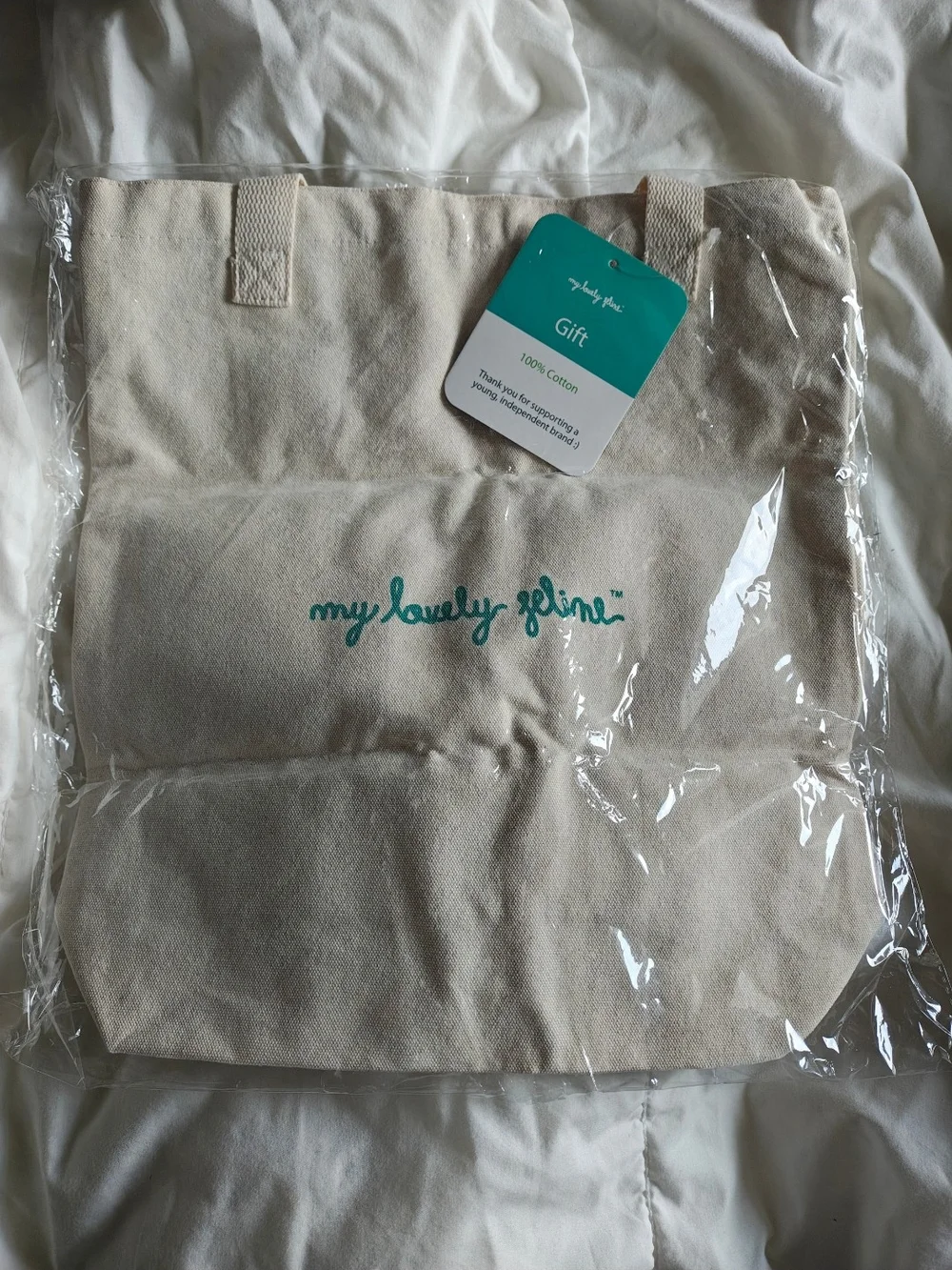 My Lovely Spline Canvas Tote in Natural with Teal Logo